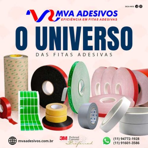 Diversos rolos de fitas adesivas de diferentes larguras e cores dispostos lado a lado. É possível ver os logotipos da 3M e as diferentes texturas dos adesivos, desde espumas cinzas até fitas transparentes.